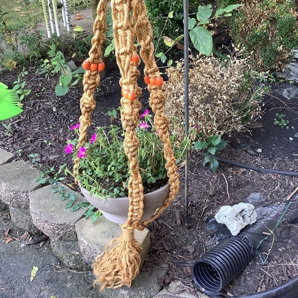 Large Vintage Macrame Orange Beaded Tassel Hanging Planter